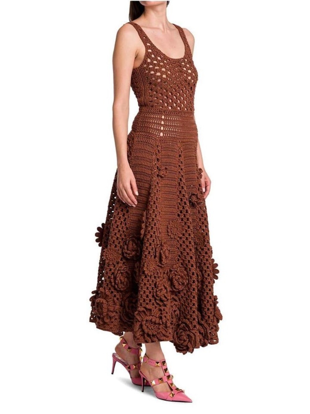 Valentino Spring/Summer 2021 Floral Open Knit Cotton Midi dress in Caramel